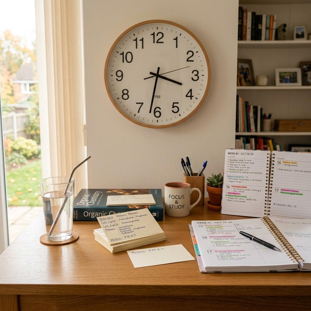A minimalist student desk with a planner, pen, and open notebook, staged for efficient study sessions.