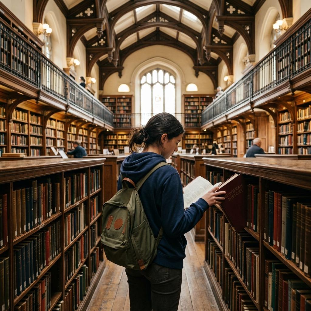A student's hand browsing through reference books on a library shelf during exam research.