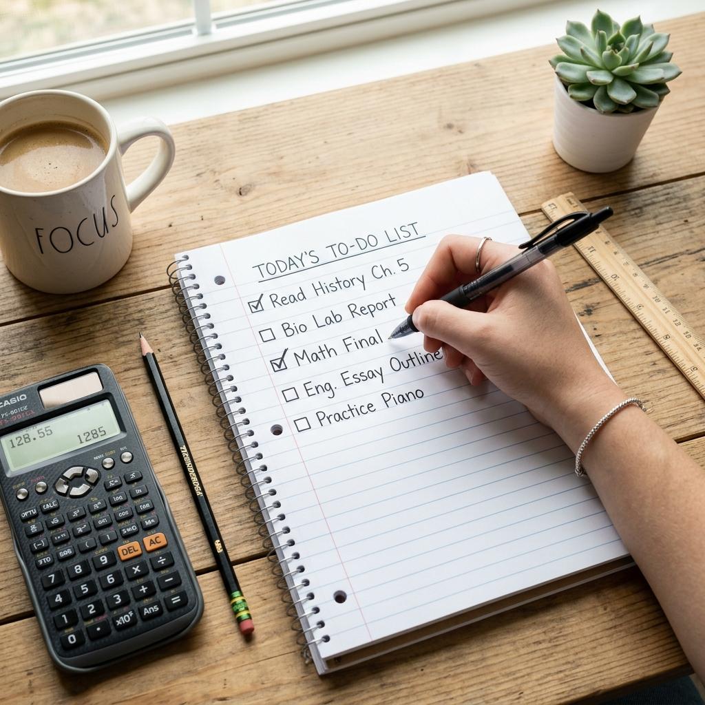 A completed study checklist and a 'success' note on an organized desk, representing final exam readiness.