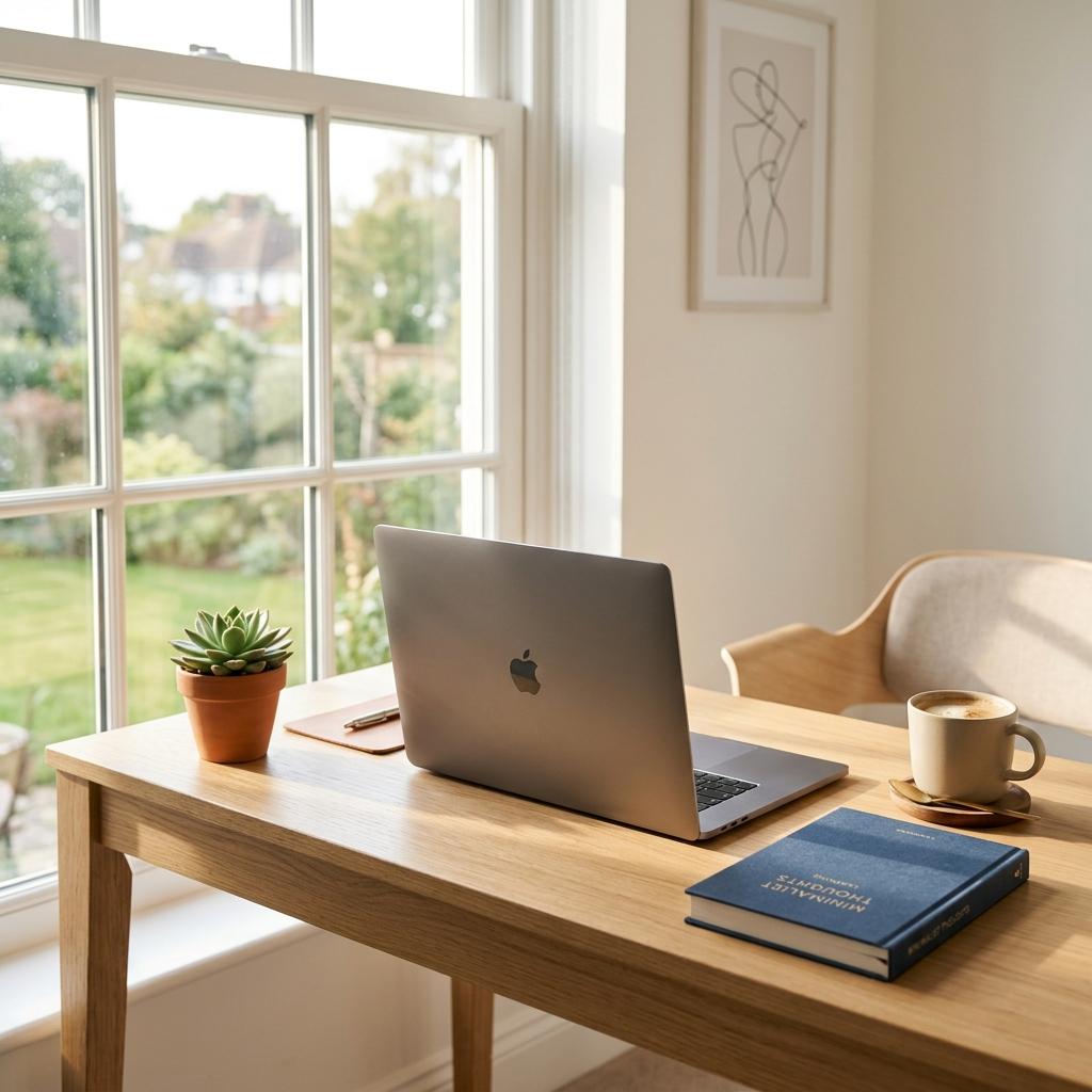 A professional study desk with a laptop facing away, books, and coffee in warm natural light