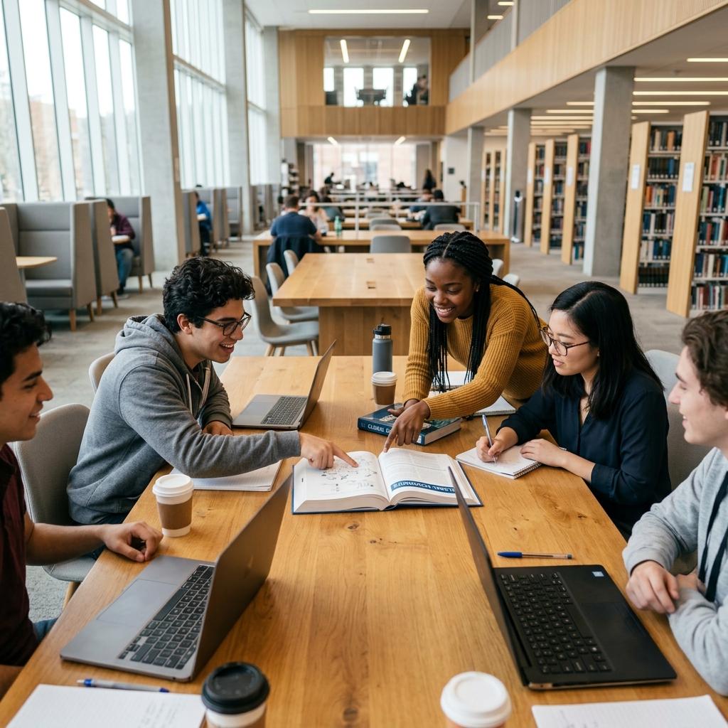 University students collaborating in a modern library with books and devices