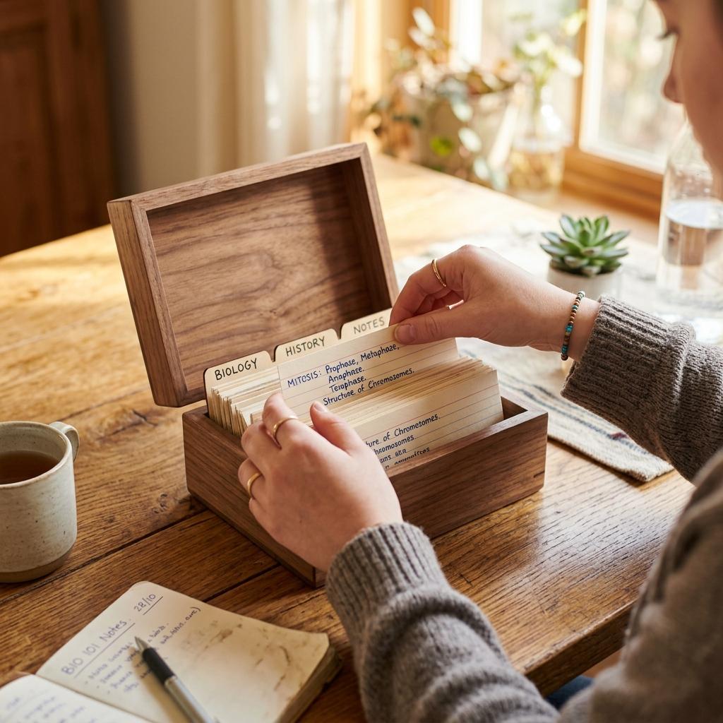 A student organizing physical flashcards in a wooden box on a sun-drenched table