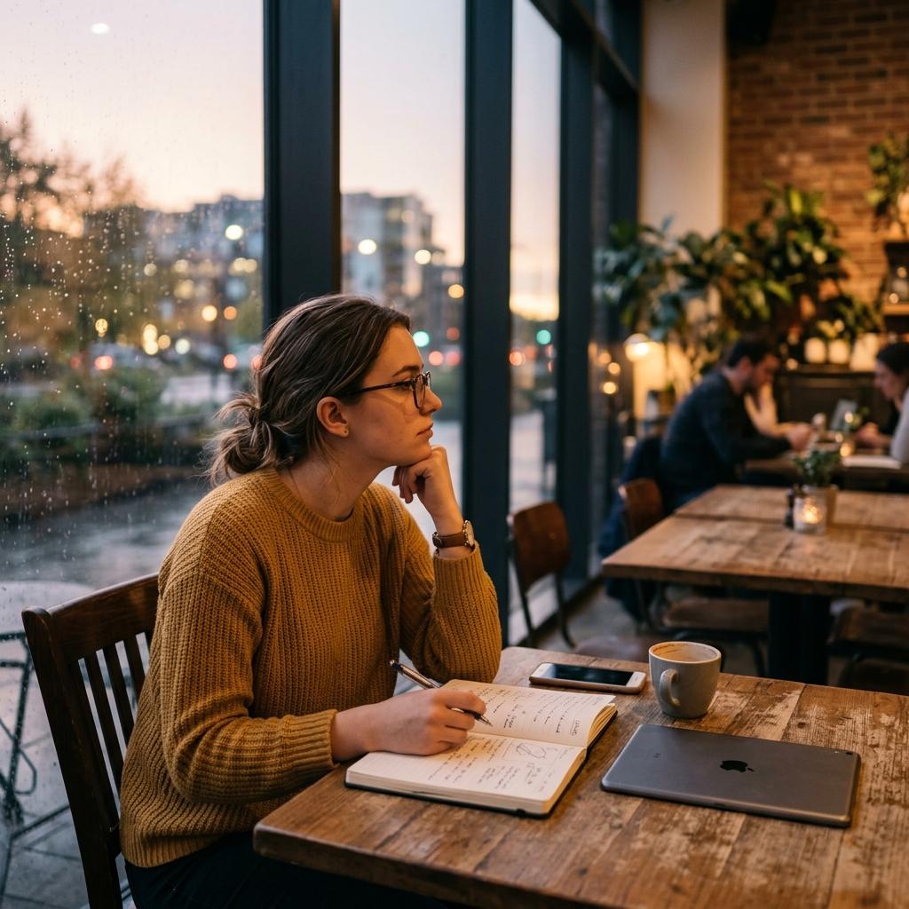 A student studying with a notebook in a modern cafe environment