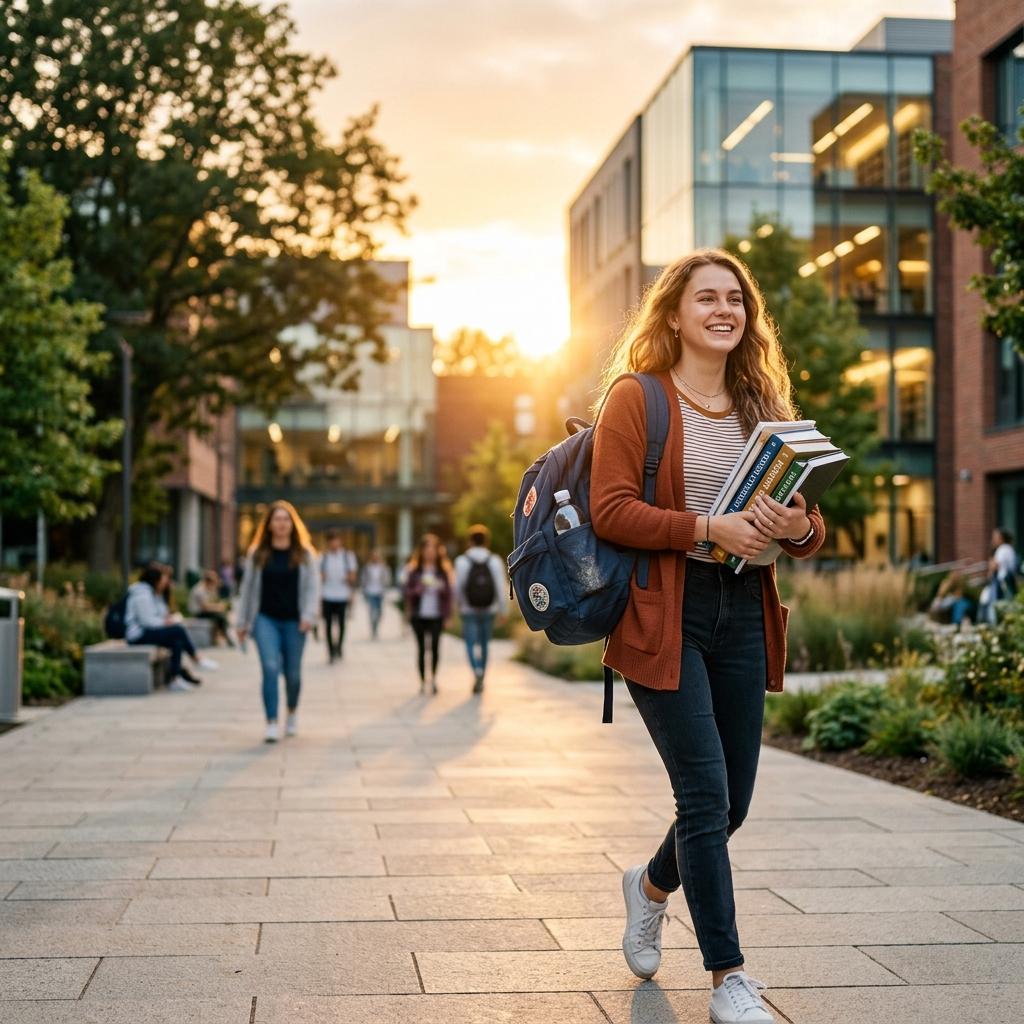 A successful student walking across a modern university campus at golden hour