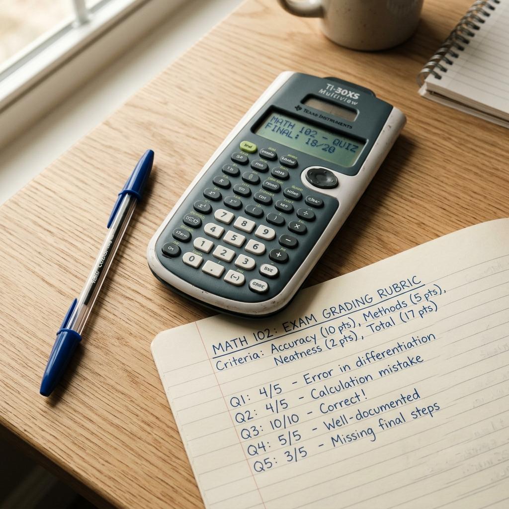 Student desk with a calculator and syllabus, running grading math