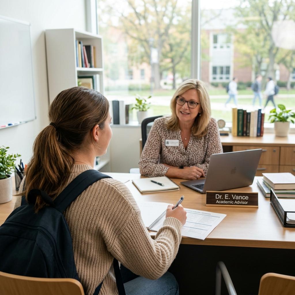 An academic advisor meeting with a student to discuss recovery options