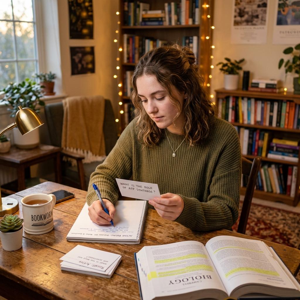 Student focused on active recall studying with flashcards