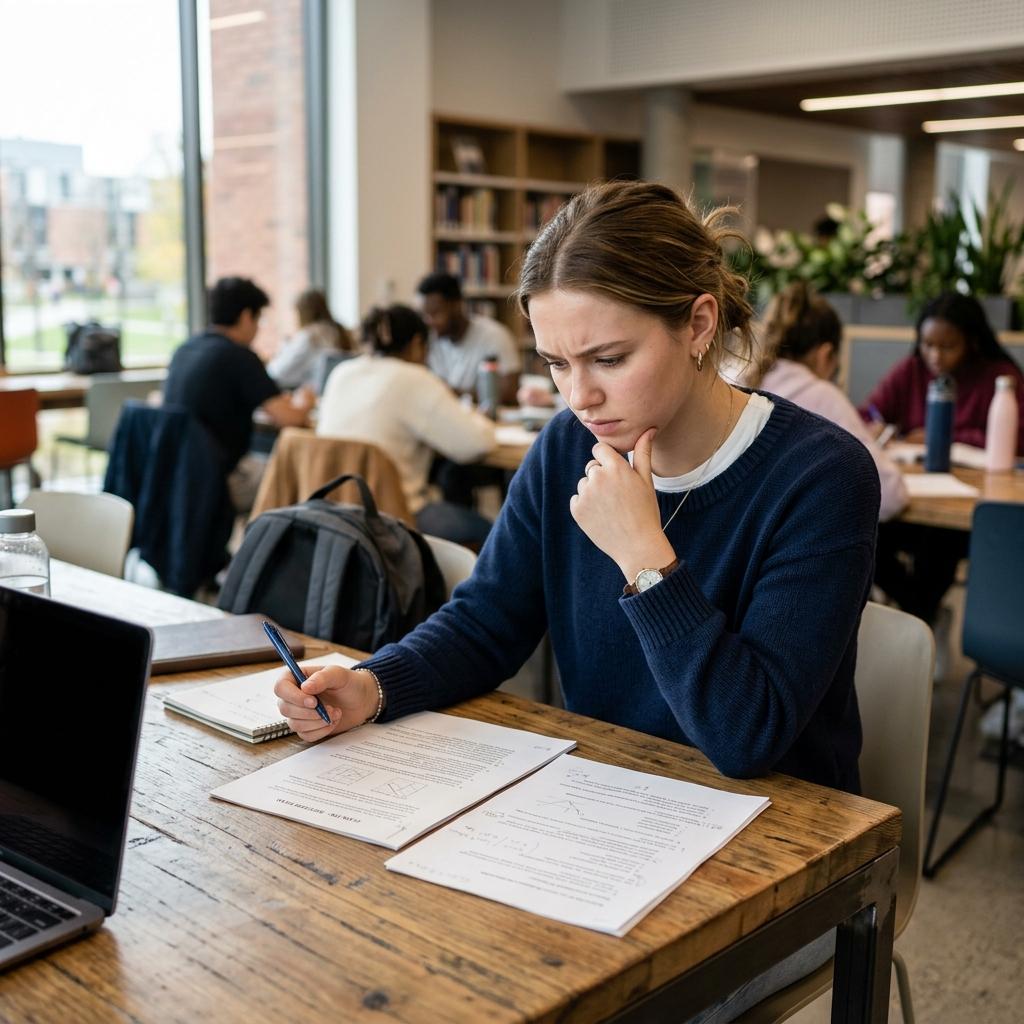 A student in a modern study lounge looking at an exam paper with concern and resolve, addressing if one bad exam ruins a GPA.