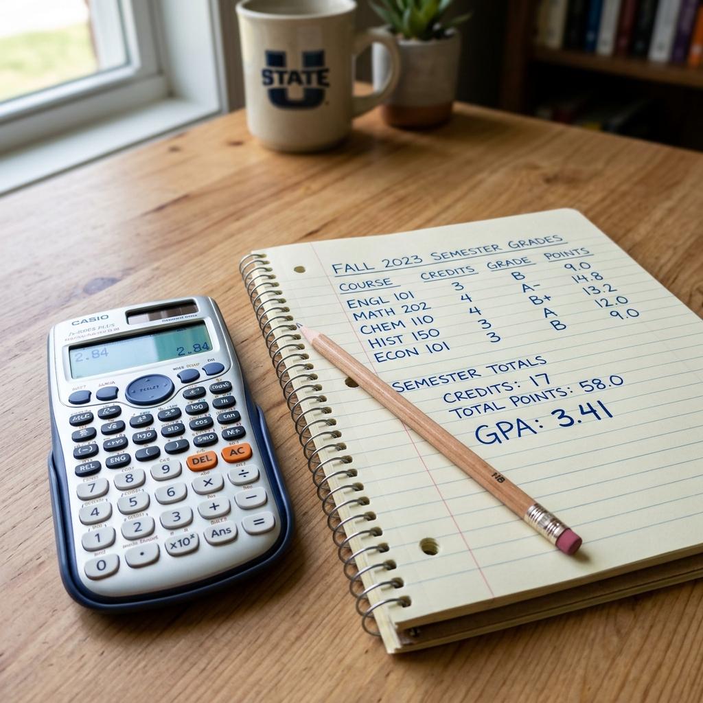 Close-up of a calculator and notebook showing GPA calculation math, illustrating how grade point averages are determined.