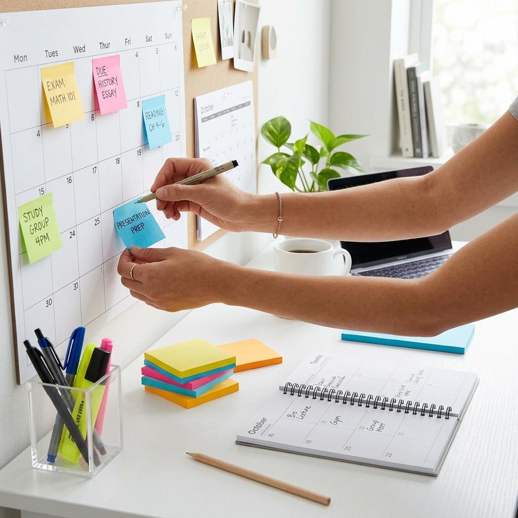 A clean desk with organized notes and calendars, showing the power of smart study planning to protect your GPA.