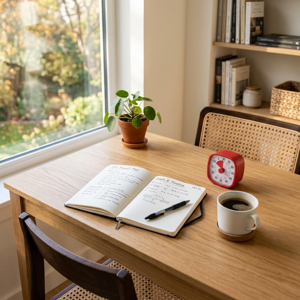 Minimalist study desk with a red Pomodoro timer, notebook, and coffee, representing a focused Pomodoro Technique session for studying.