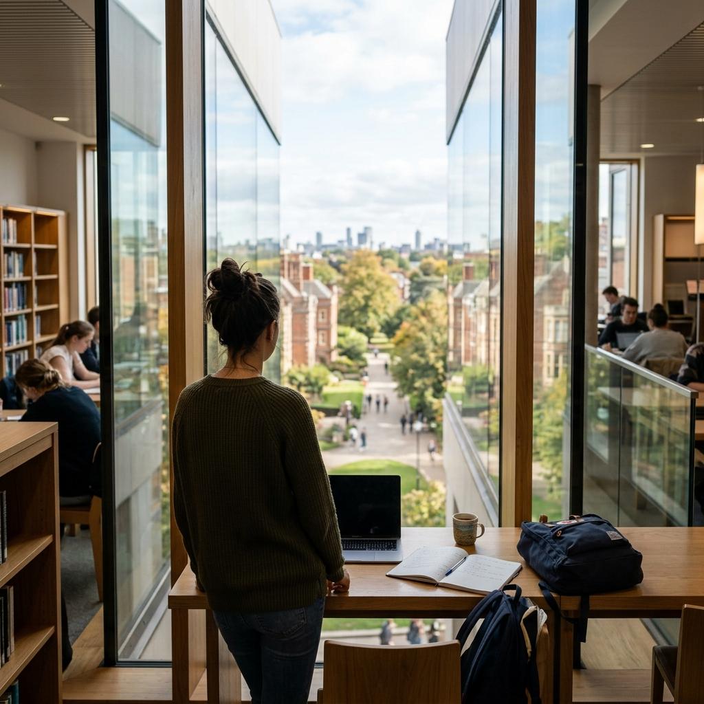Student taking a peaceful study break by a large library window, illustrating the importance of recovery in the Pomodoro study method.