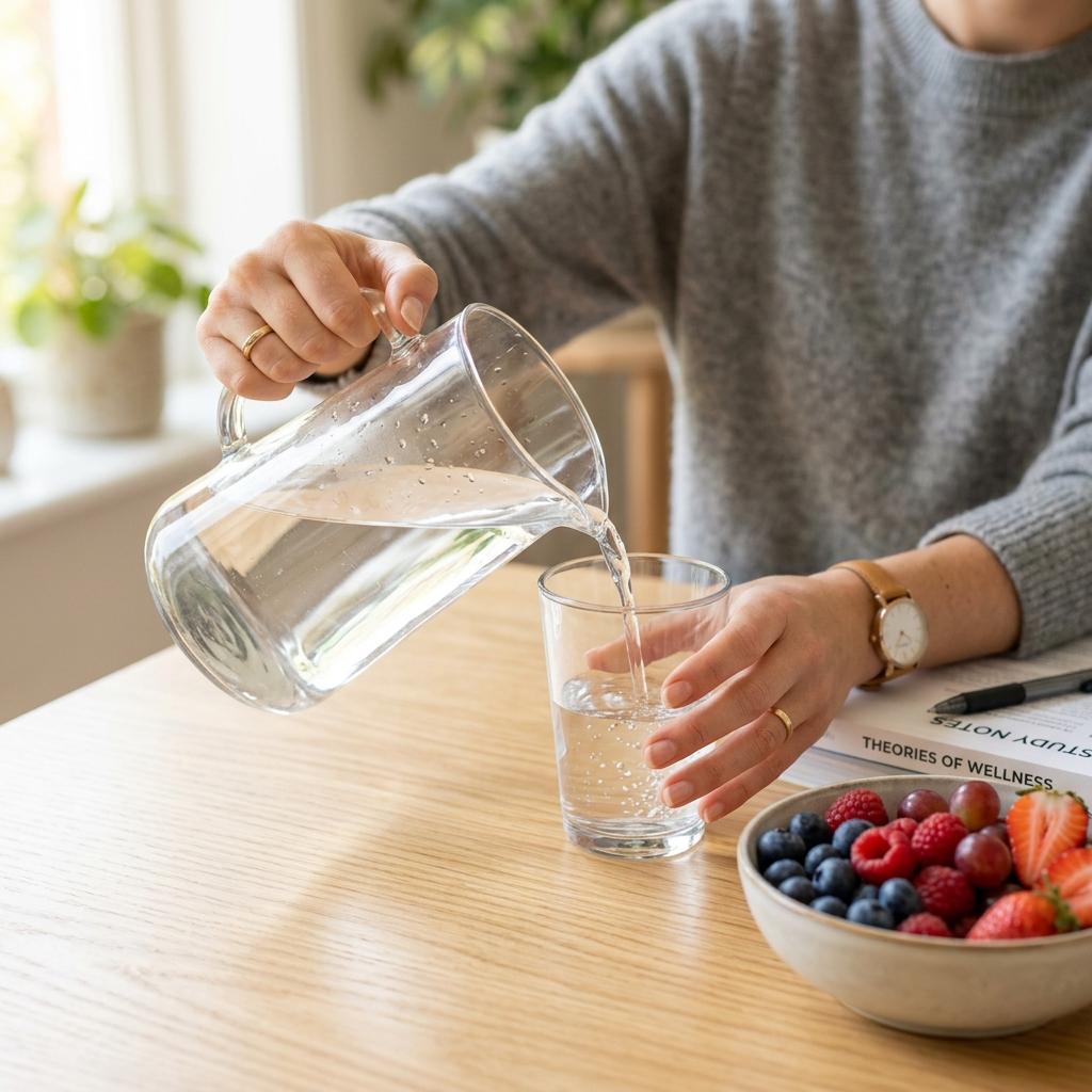 Close-up of a student pouring water next to fresh fruit, representing a healthy and effective recovery break during study intervals.