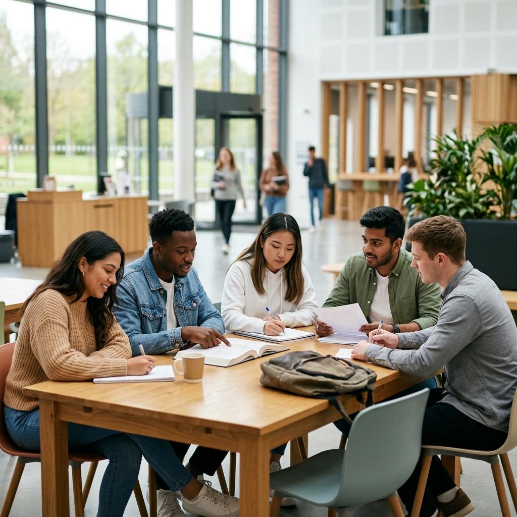 Diverse group of students studying together in a modern common area, highlighting the versatility of structured focus sessions.