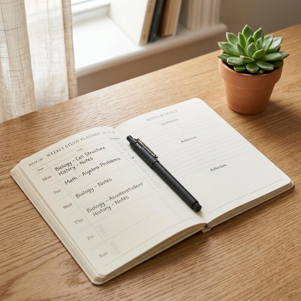 Aesthetic close-up of a study planner and pen, representing a well-organized and planned Pomodoro study schedule.