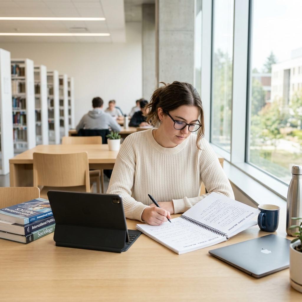 Focused university student studying in a modern minimalist library with a tablet and notes.
