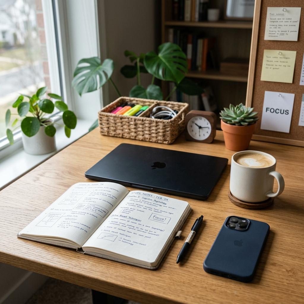 Clean study desk setup with a cup of coffee, notebook, and a smartphone.