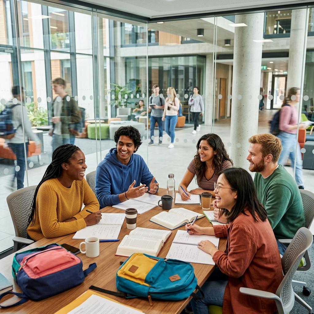 Group of diverse college students collaborating in a modern study room.