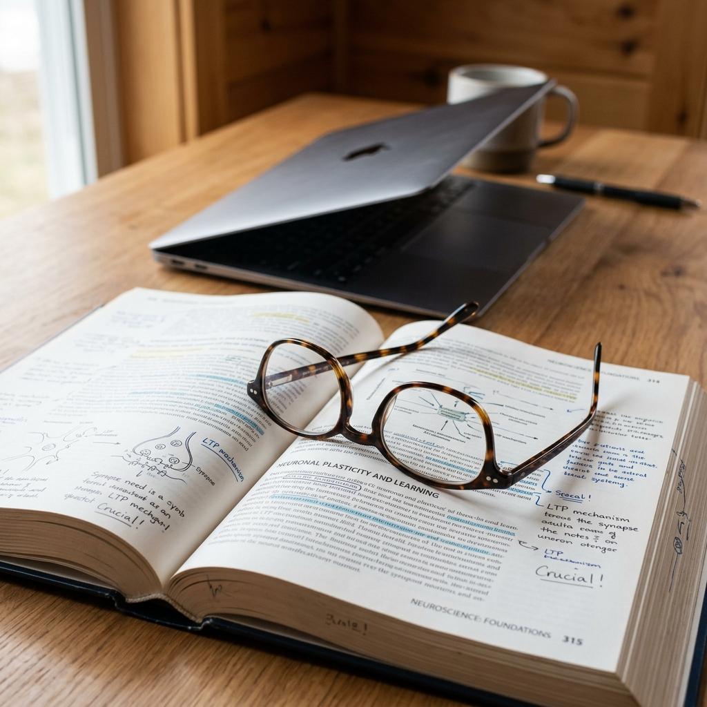 Reading glasses on an open textbook with handwritten study notes and a laptop.