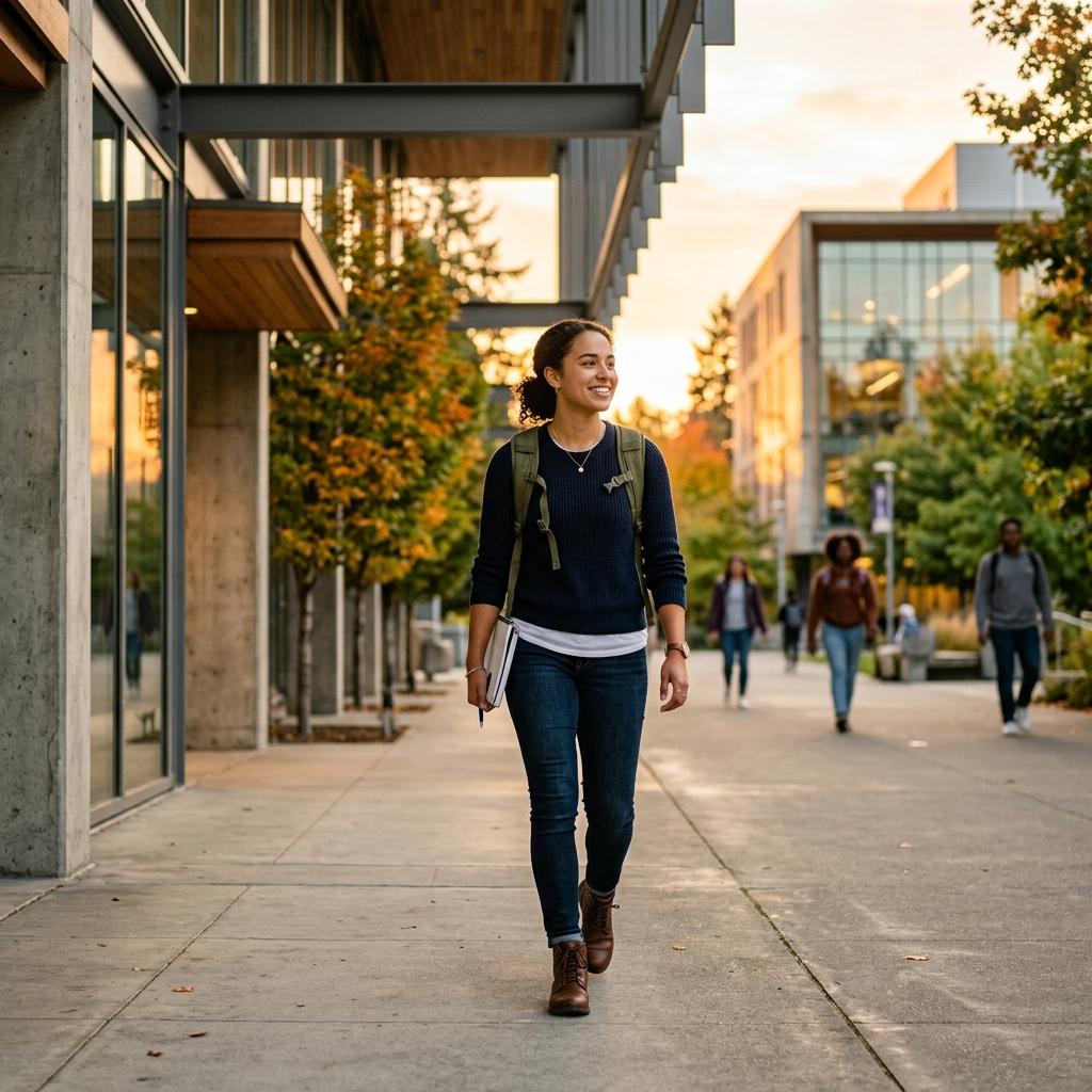 Confident student walking through a modern university campus with a backpack.