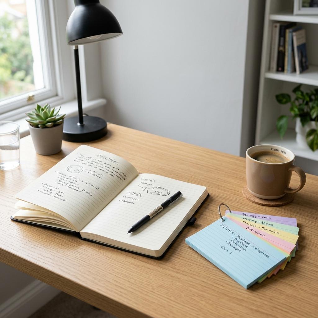 A minimalist desk setup with coffee, an open notebook, and colorful index cards
