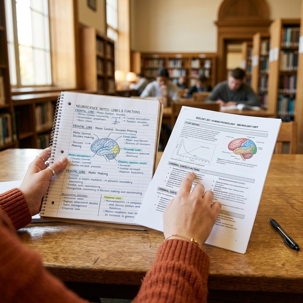 A close-up of a student's hands holding handwritten notes in a library