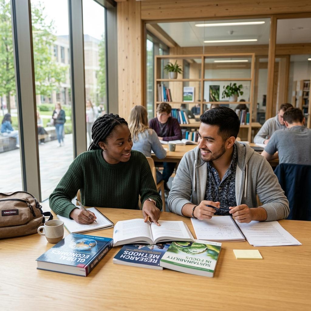 Two diverse university students collaborating in a modern campus study room