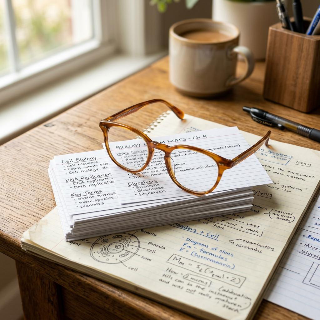 Reading glasses resting on a neat stack of index cards and study notes