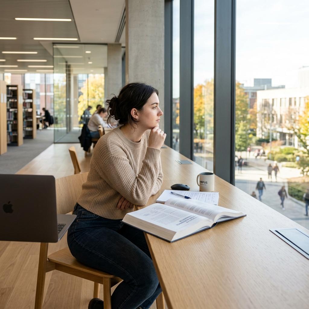 A student looking thoughtfully out of a window while studying at a modern desk