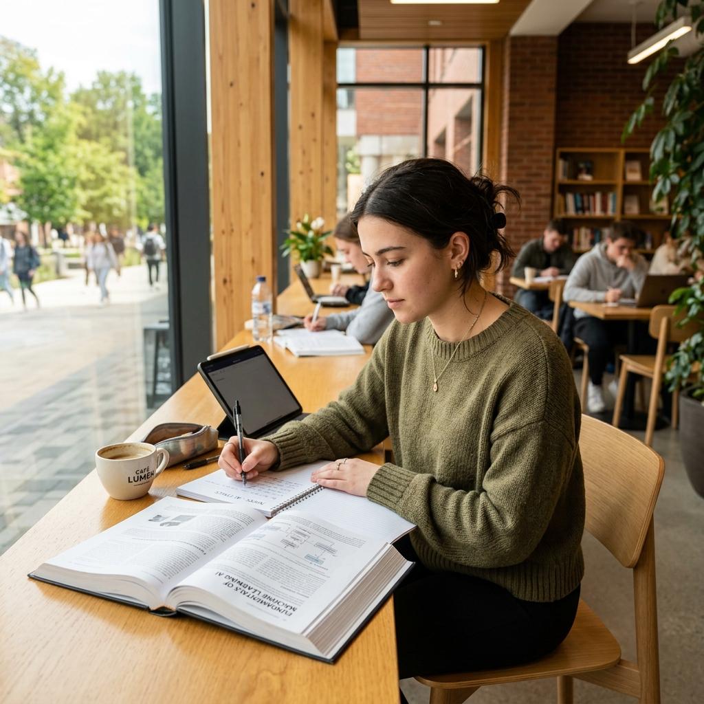 Student using a flashcard generator to study effectively in a bright cafe