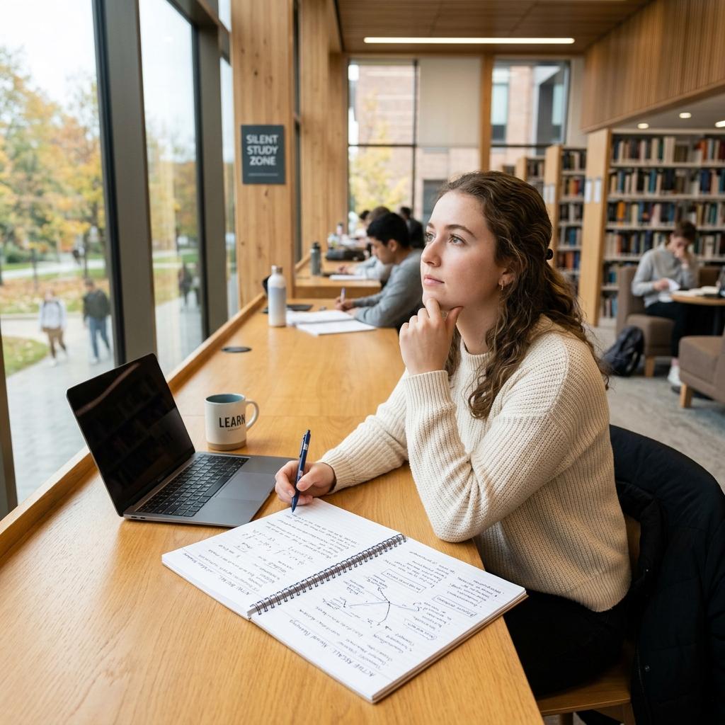 Student in library practicing active recall with flashcards for long-term retention
