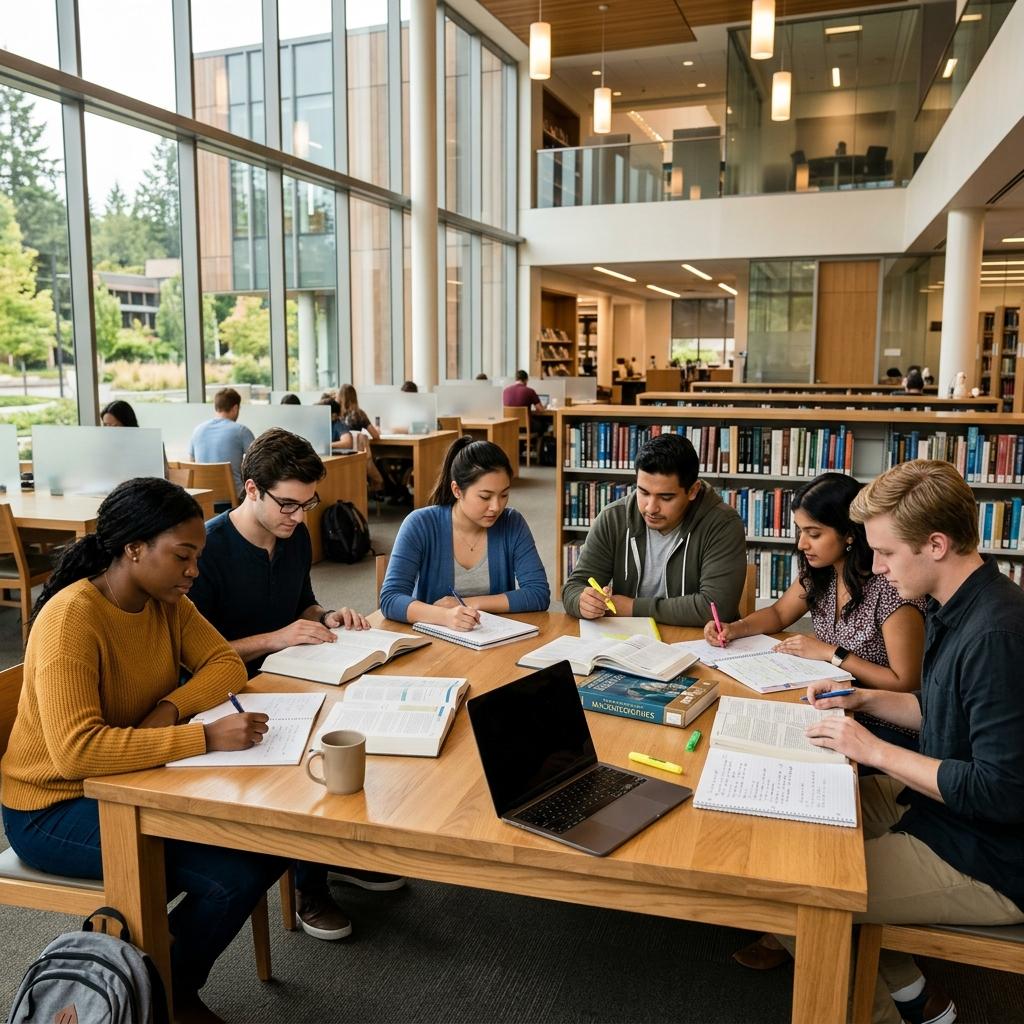 Diverse group of university students studying together in a modern library.