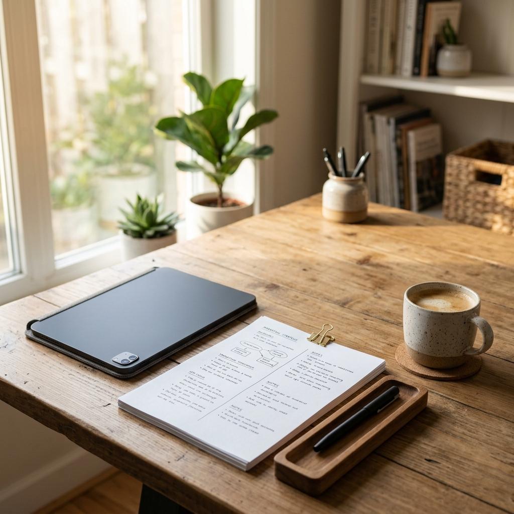 A clean and organized study desk with a tablet, notebook, and coffee.