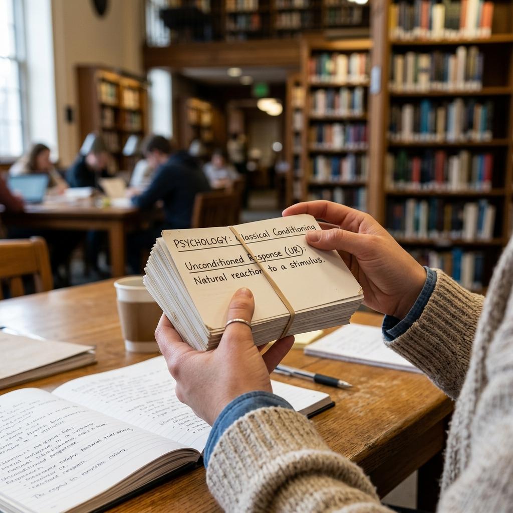 Close-up of a student's hands holding a stack of flashcards in a library.