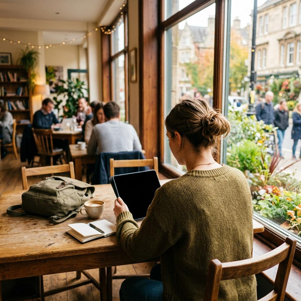 A student studying with a tablet in a bright, modern cafe.