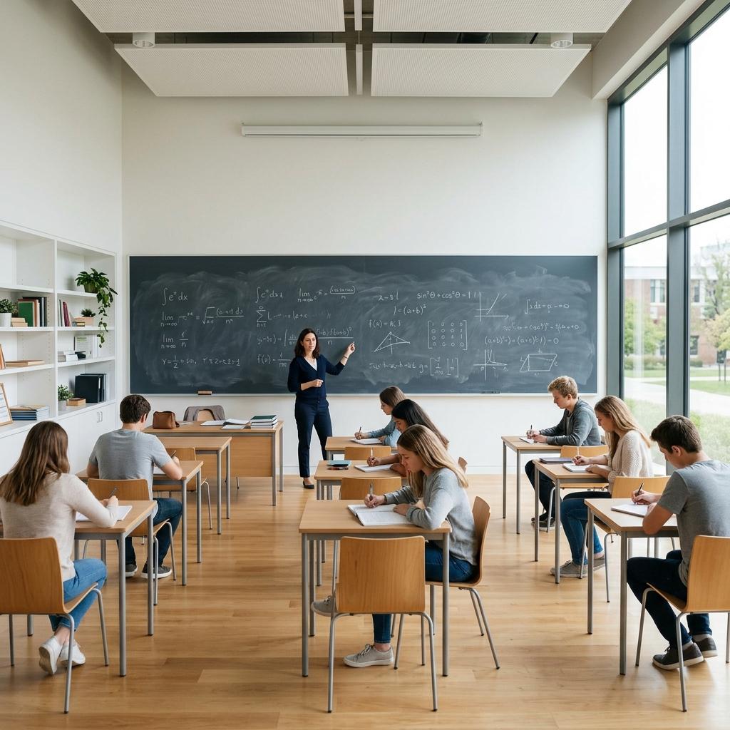 A minimalist classroom with a chalkboard and modern academic setting.