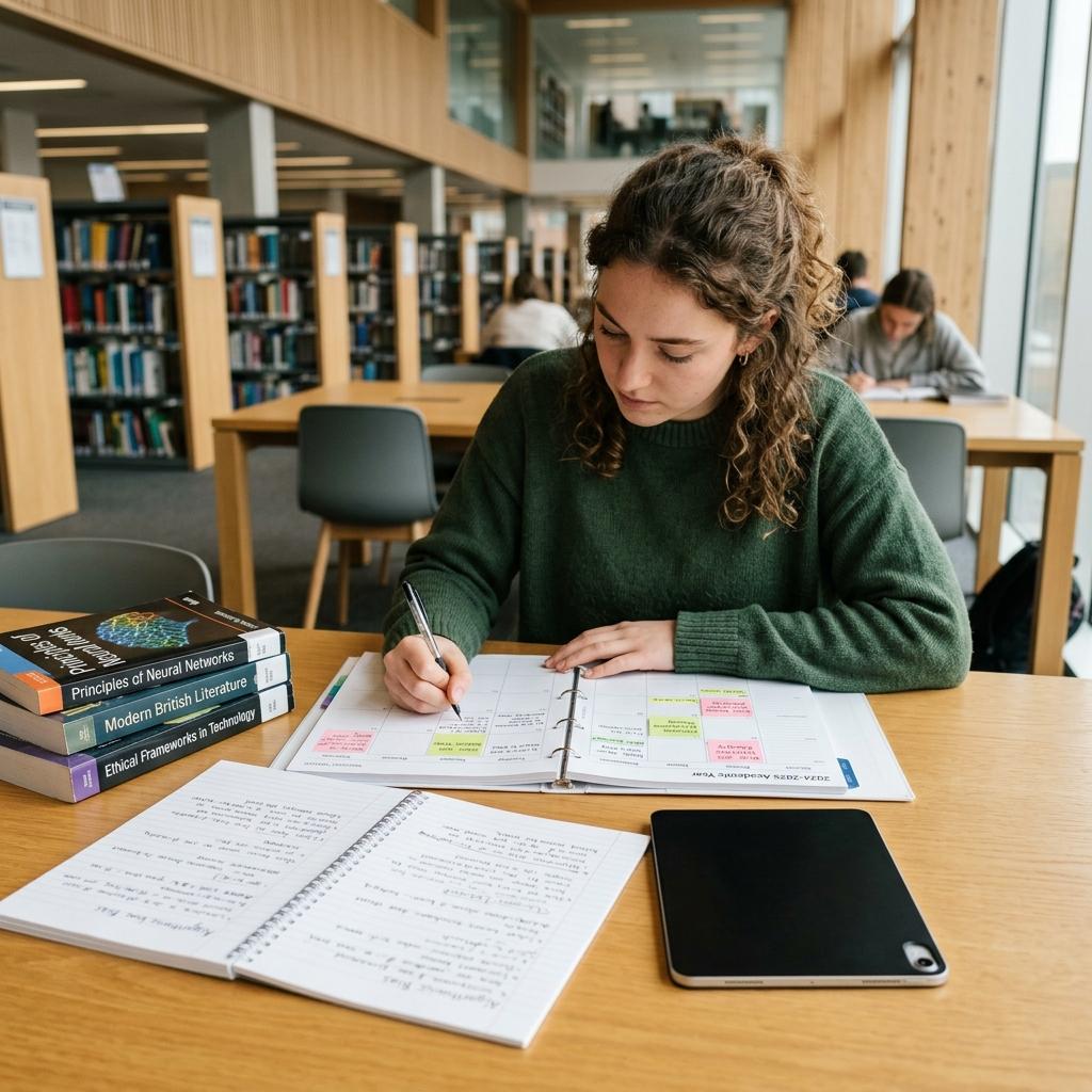 A focused university student organizing and planning their study week on paper notebooks at a well-lit desk