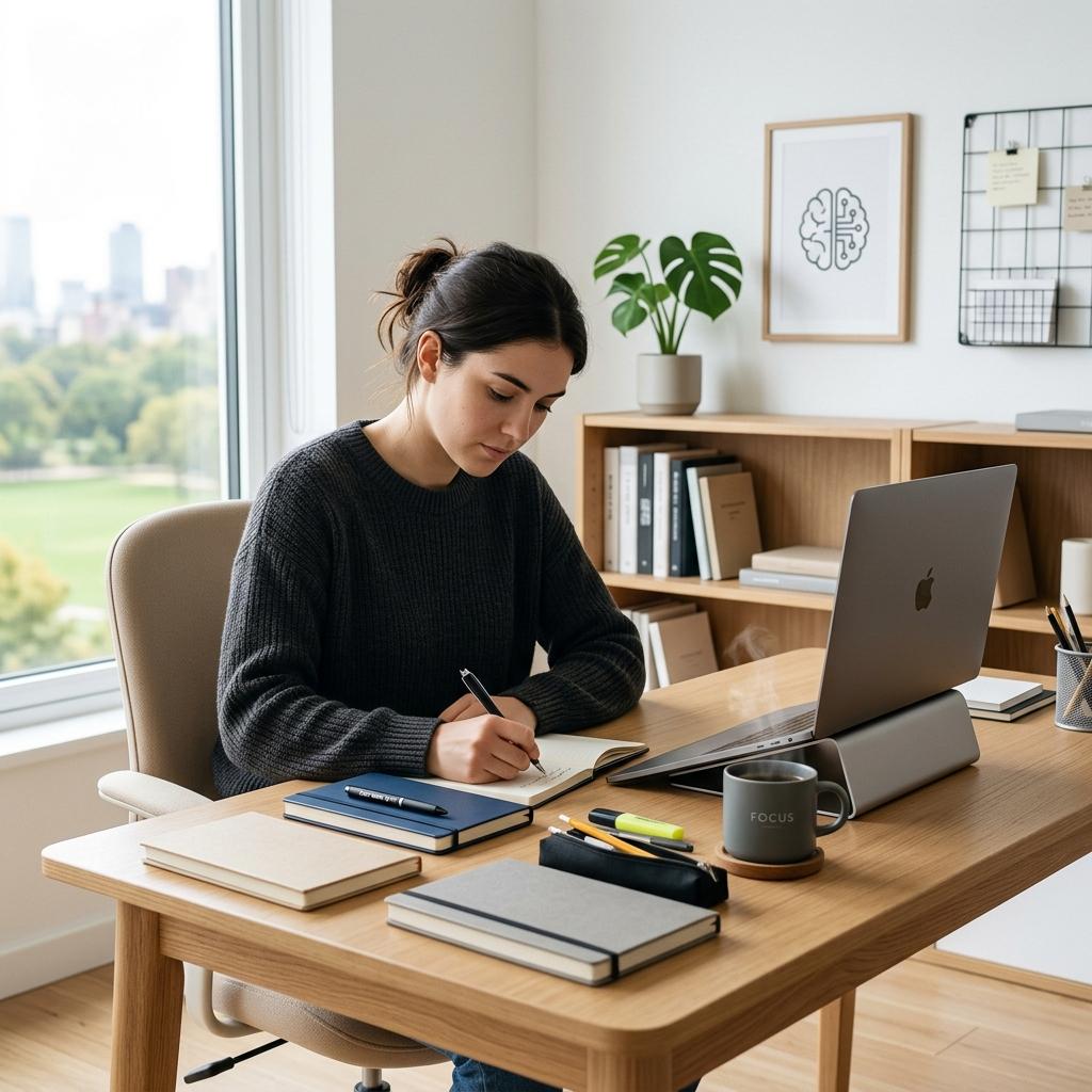 A clean, highly organized study space with closed notebooks, pens, and a coffee mug representing deep work and focus