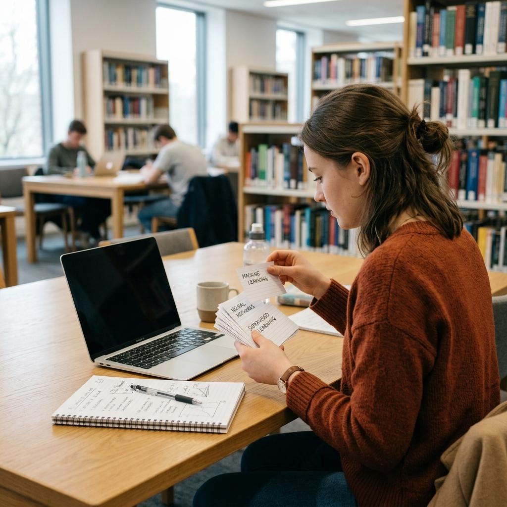 A student using physical flashcards for active recall study in a library