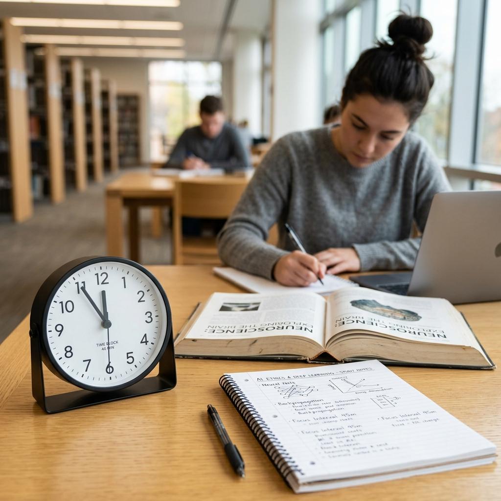 A minimalist analog desk clock next to study materials representing a 45-minute focused study block