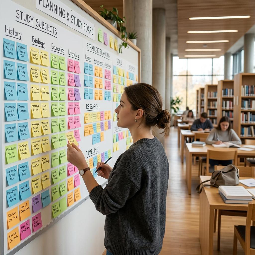 Student planning study sessions using sticky notes in a library