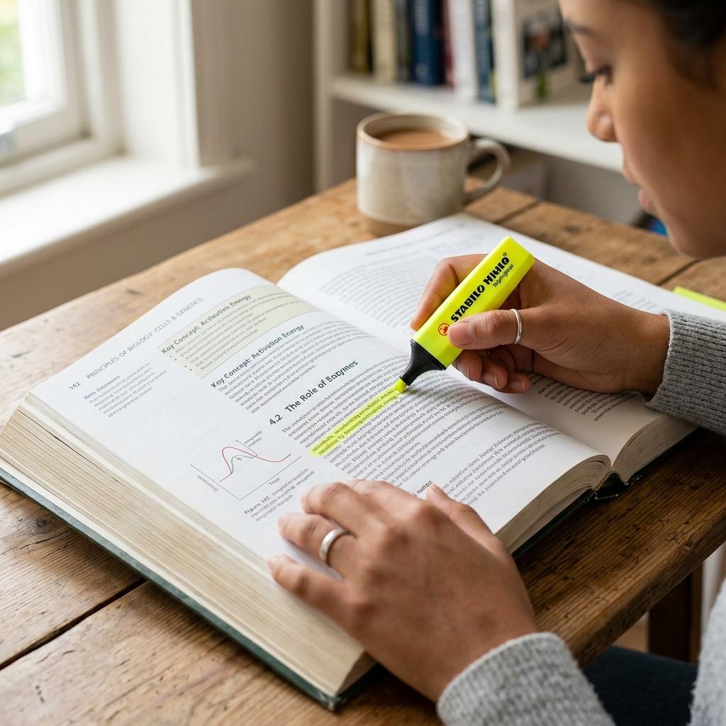 Close-up of highlighting key concepts in a textbook for 80/20 rule application
