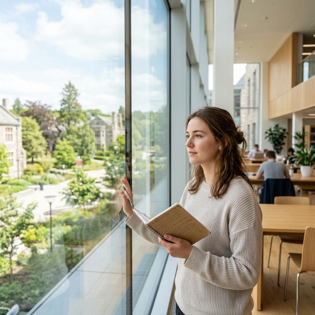 Thoughtful student studying in a bright modern space