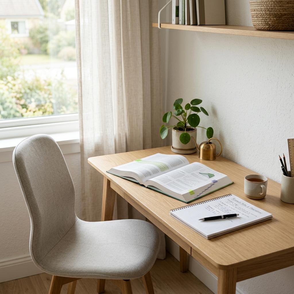 Minimalist and productive study environment with open book and plant