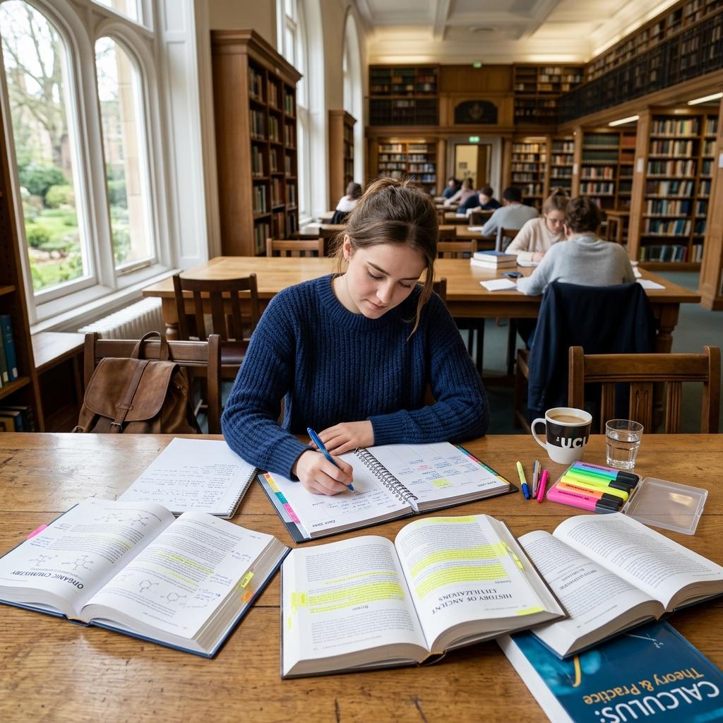 Student at a large library table with multiple open textbooks and a planner, showing variety in subjects