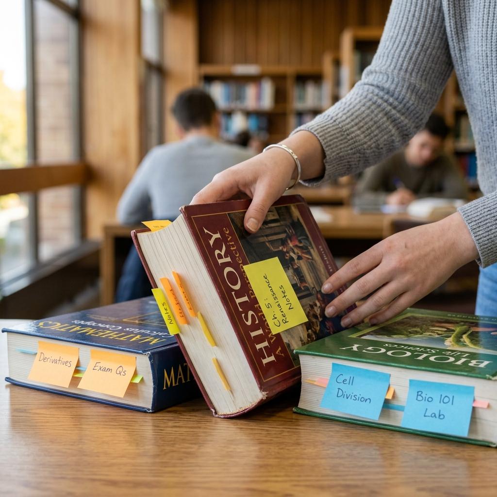 Close-up of a student's hands rotating between different colored notebooks and binders