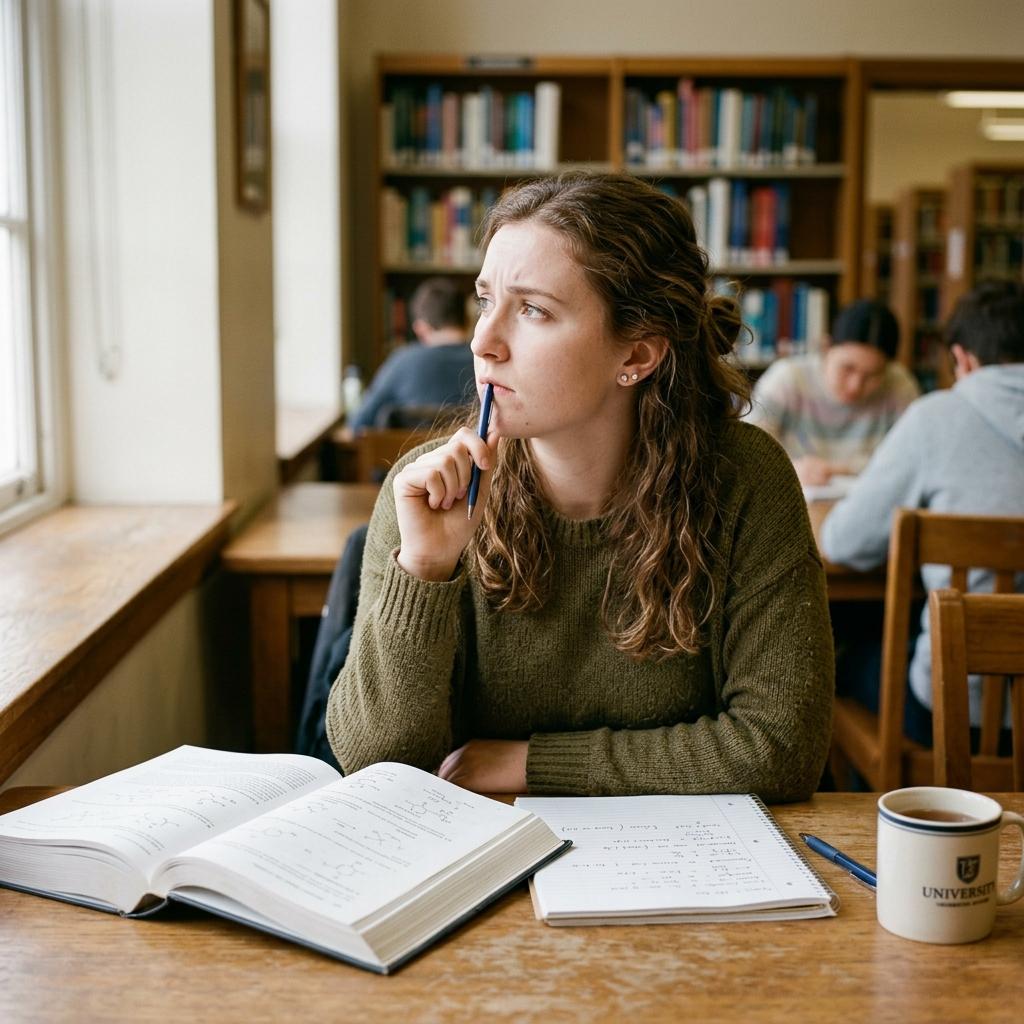 A student looking away from a textbook with a thoughtful expression, self-testing memory