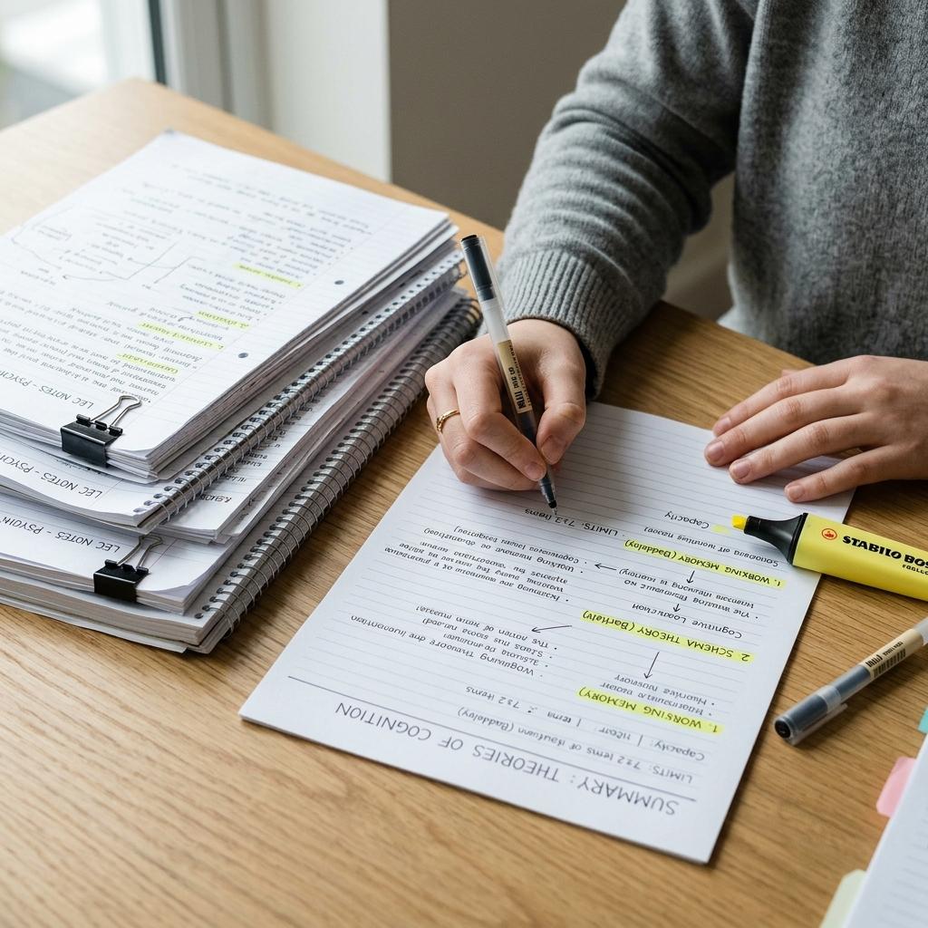 Close-up of hands writing on a concise one-page summary sheet with highlighters