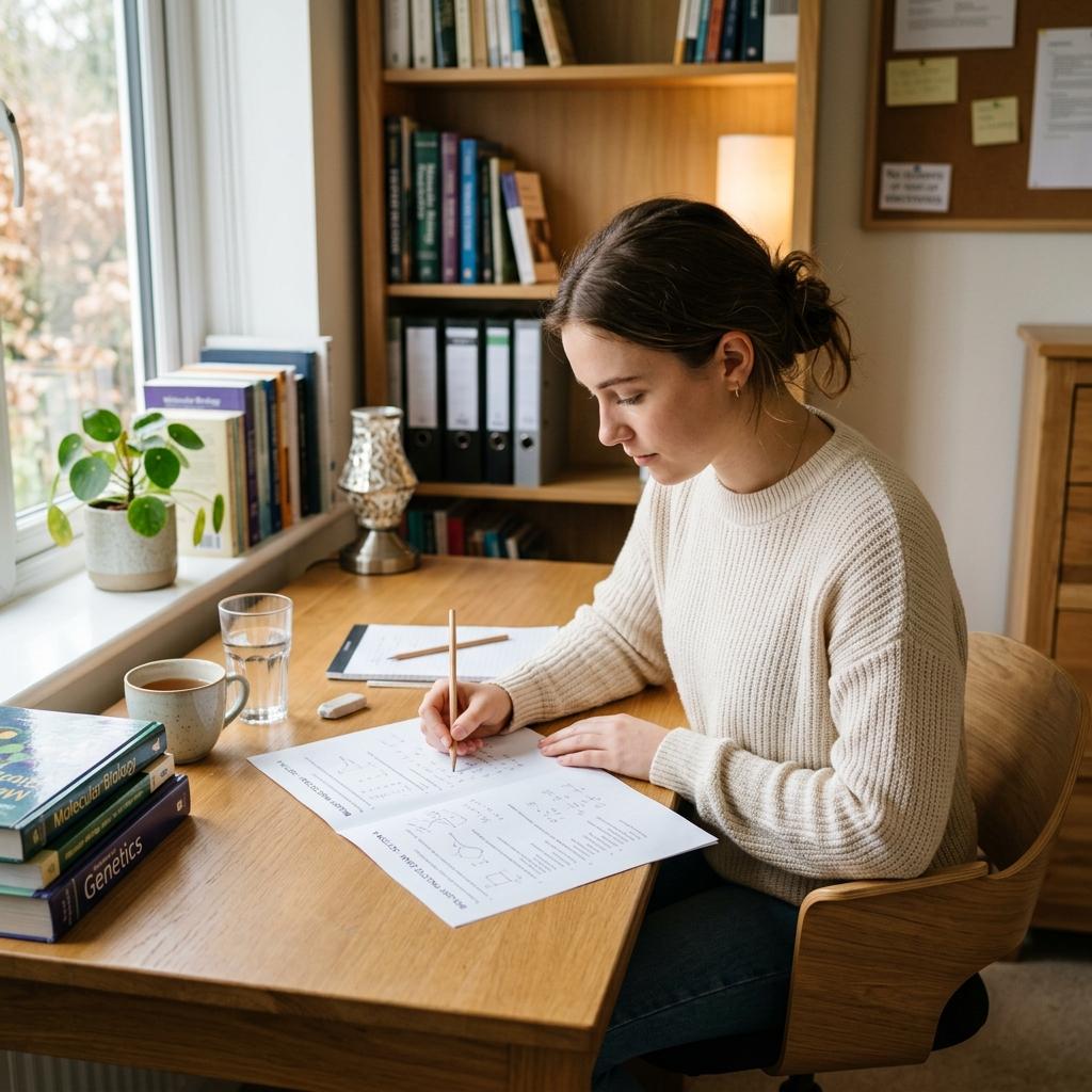 A student focused on a practice exam paper in a quiet study nook