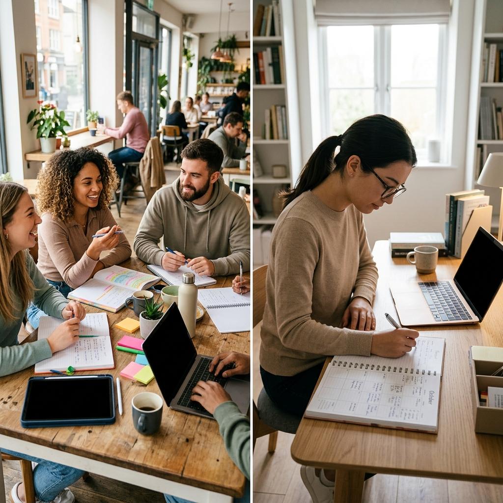 Comparison between collaborative cafe study group and quiet minimalist desk study setup